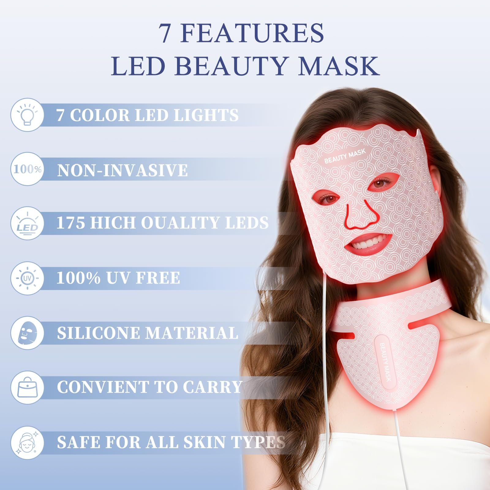 pink red light facial mask with 7 color modes and remote control