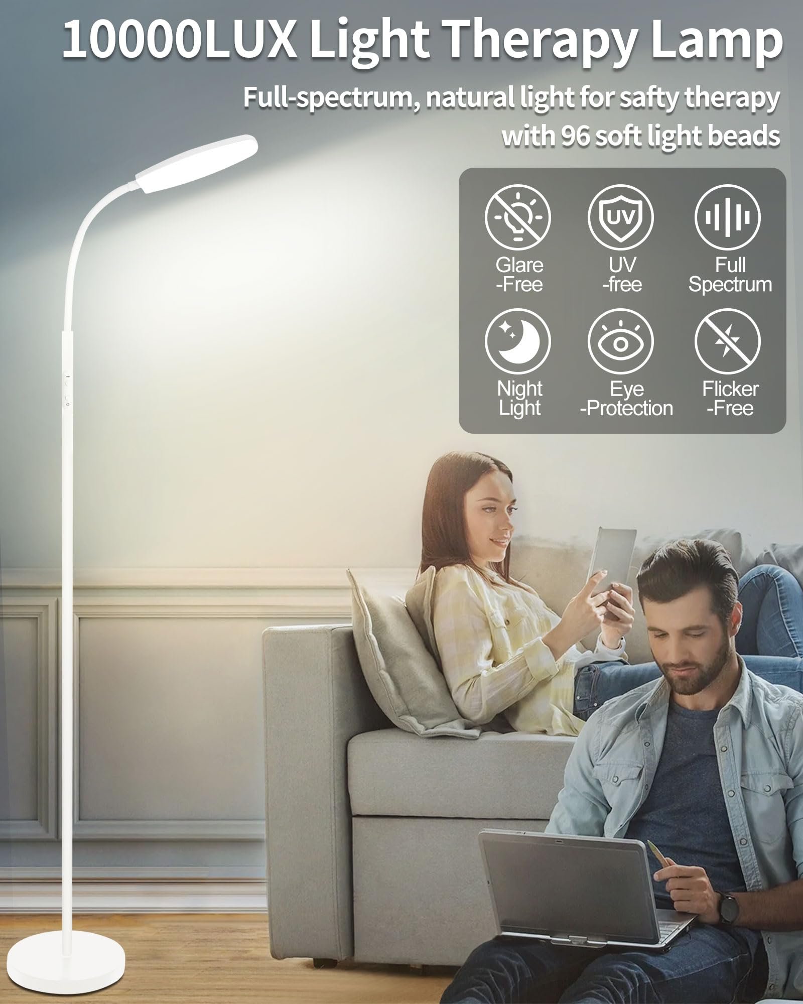 light therapy lamp with 10000 lux full spectrum LED for home use