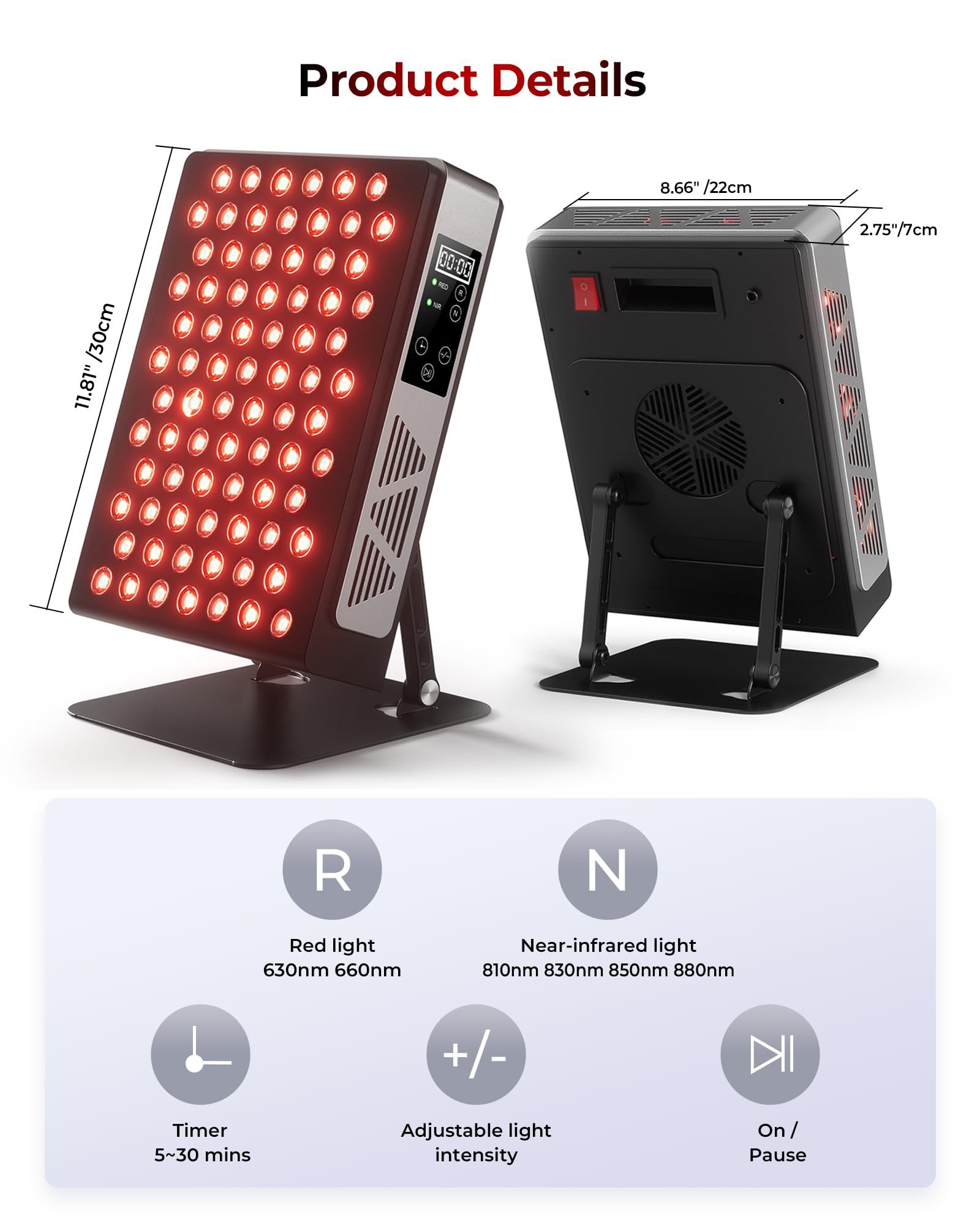 High power red light therapy panel with 660nm and 850nm wavelengths