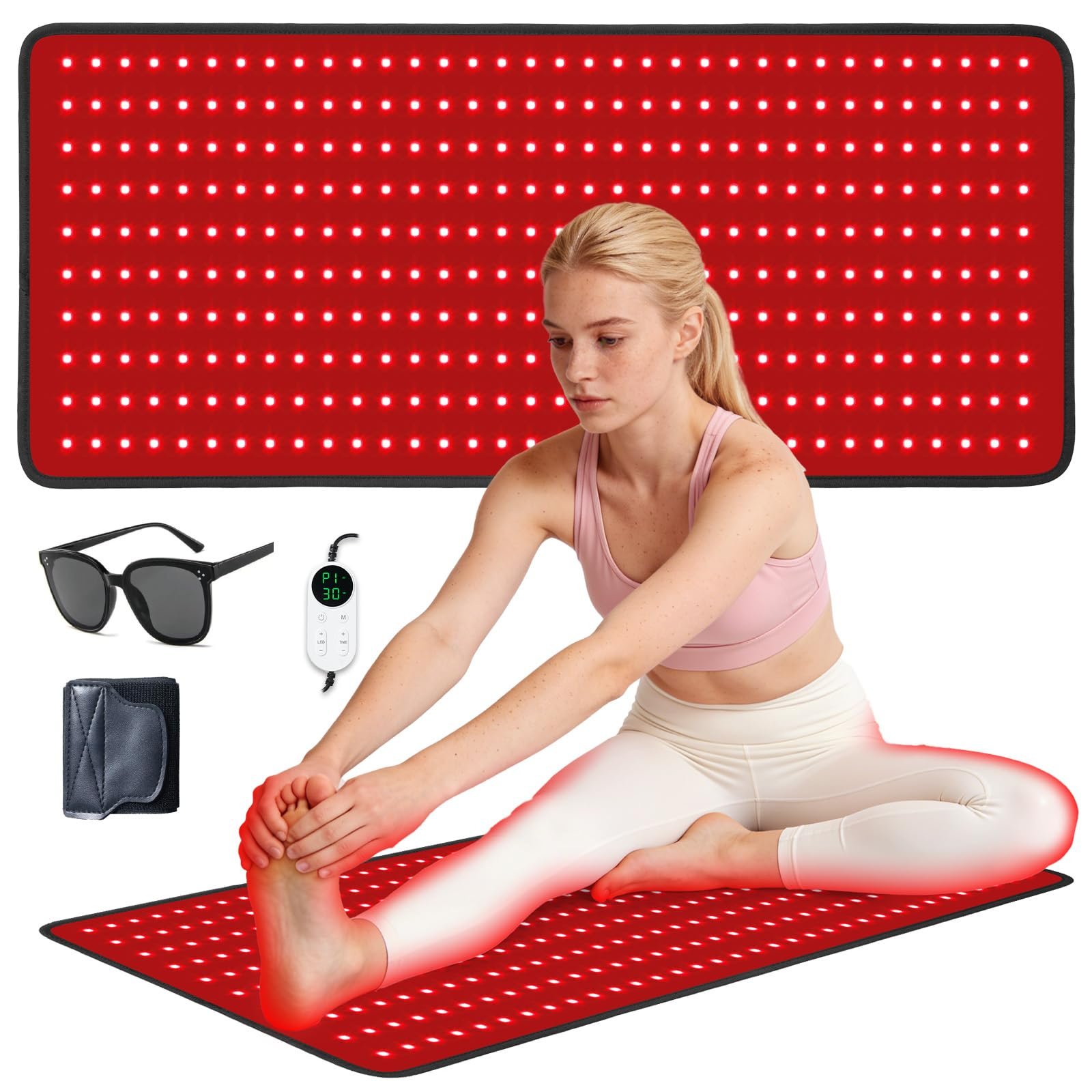 Large wearable red light therapy pad with adjustable belt